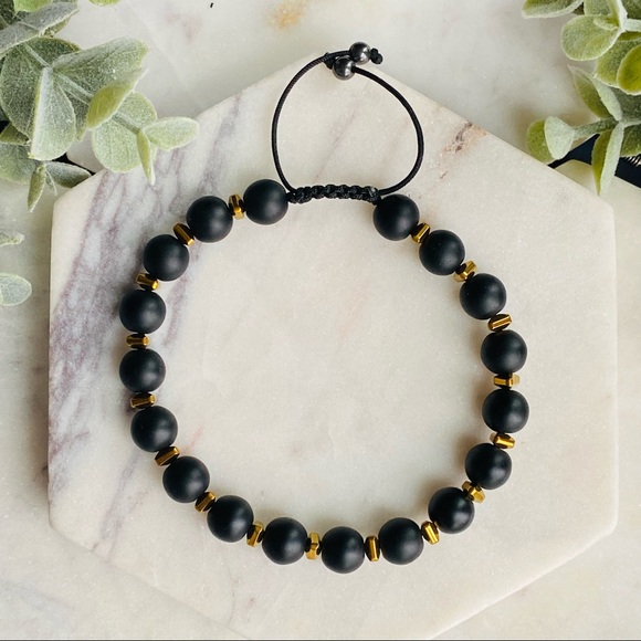 Men Matte Onyx Bracelet 8mm round beads Adjustable Cord Macrame - Picture 4 of 5